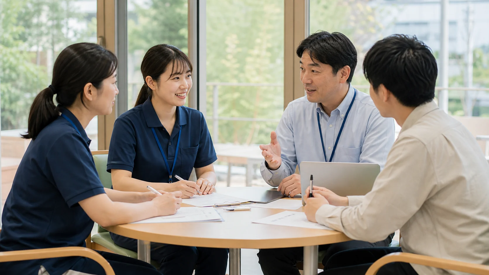 介護サービス会社の管理者と従業員代表が福利厚生を見直す会議