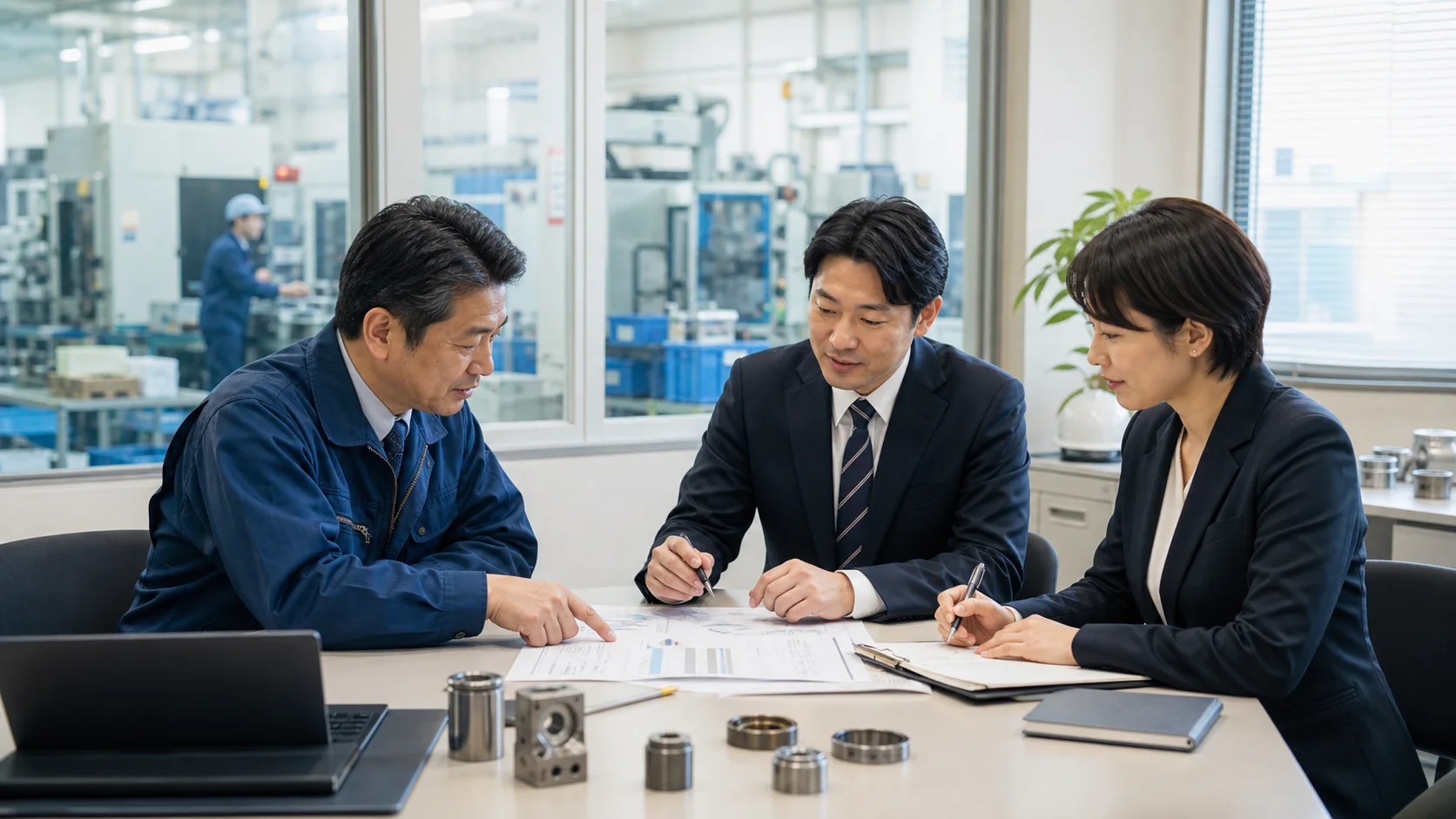 製造会社の経営者と銀行担当者が仕掛品完成までの運転資金を確認する会議