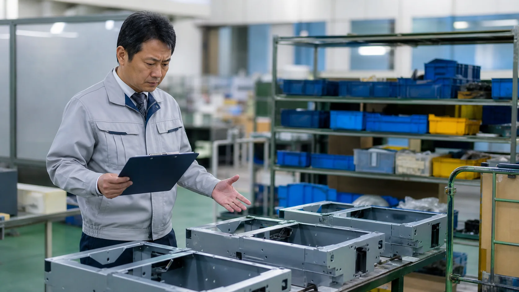 製造会社の工場責任者と財務担当者が仕掛品の工程別滞留を確認する場面