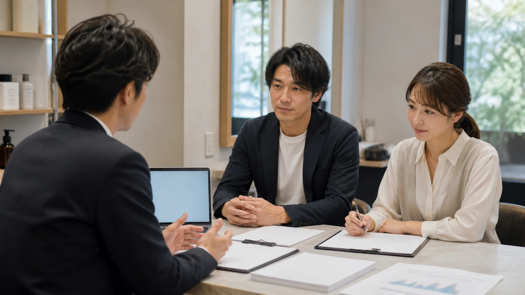 美容サロン経営者が金融機関担当者へ改装・人員・予約・返済を説明する場面