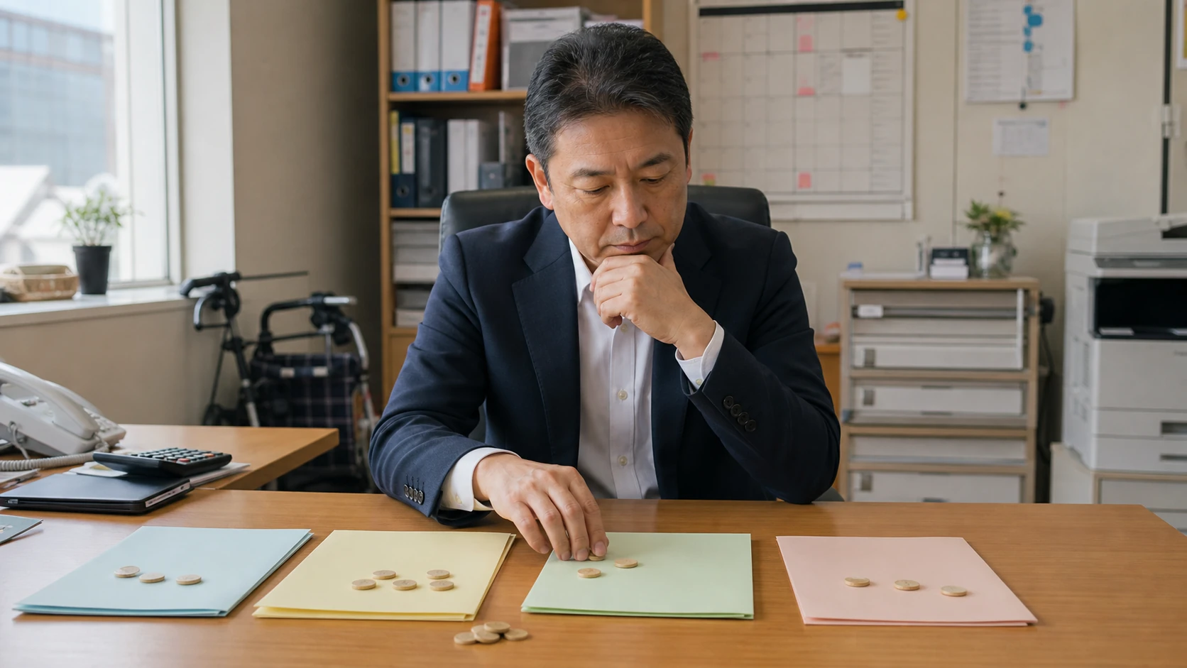 介護事業会社の経営者が賞与・給与・税・返済への現金配分を比較する場面