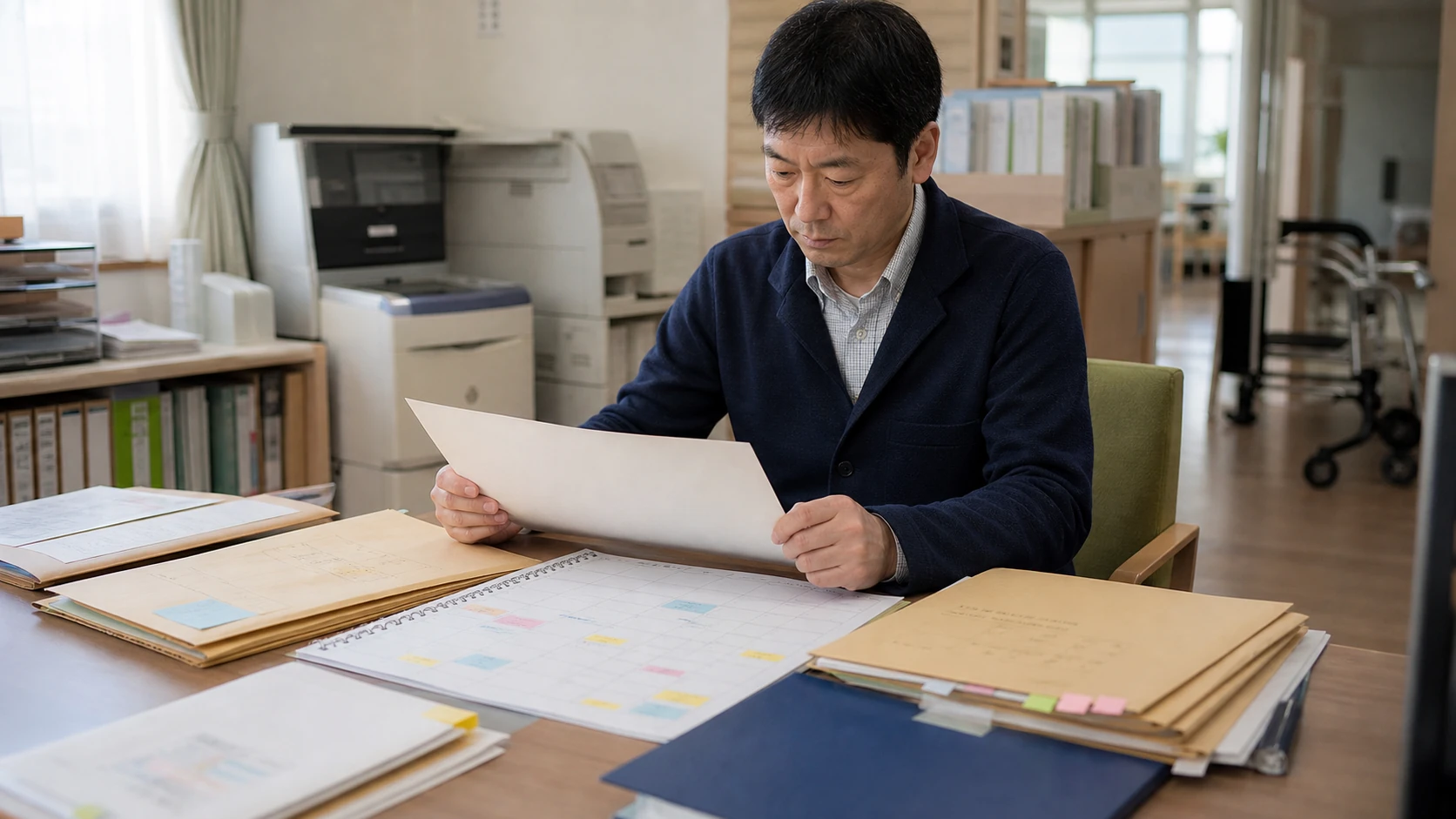 介護事業会社の経営者と人事責任者が賞与支給予定と勤務体制を確認する場面