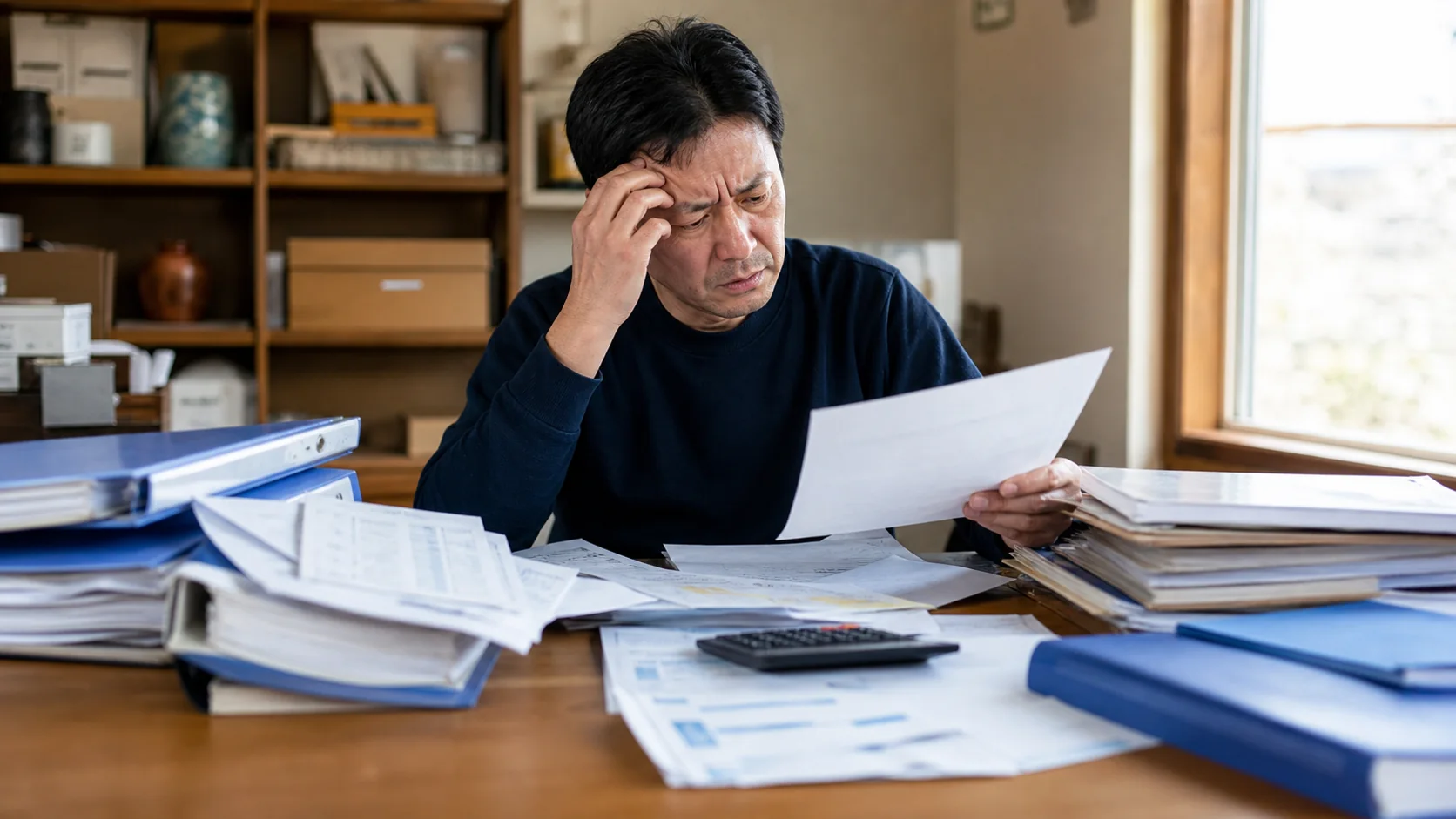 複数のローン申込画面と必要書類を整理する経営者