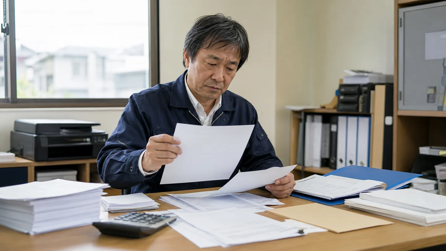 申込資料の不足を確認する中小企業経営者