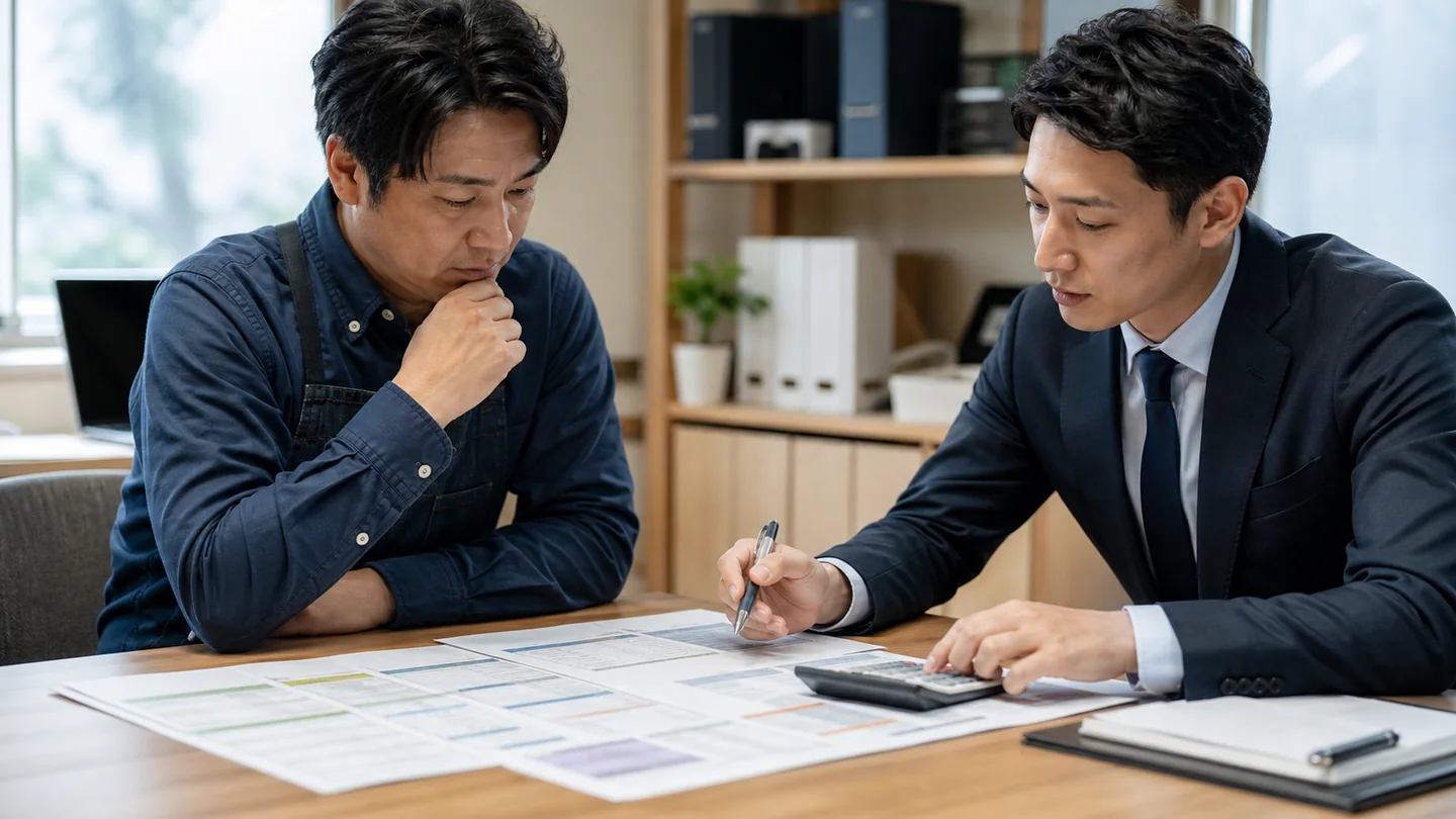 金利と返済期間を同条件で試算する経営者と相談員