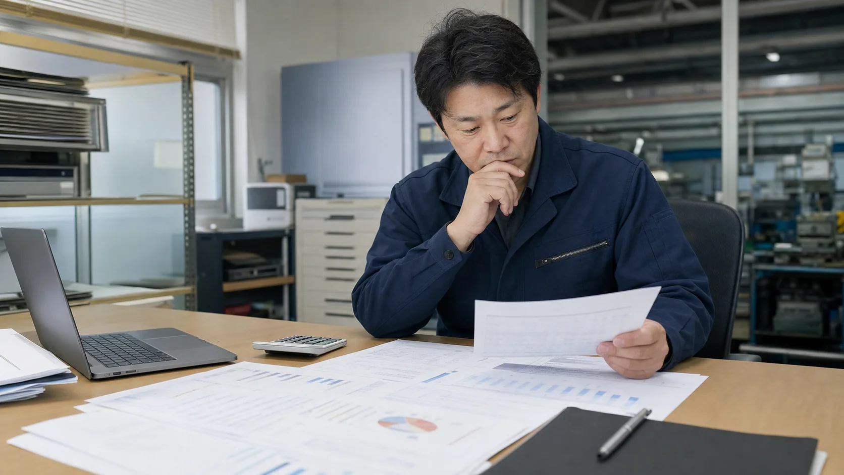 複数の返済予定表を前に月返済の重さを確認する工場経営者