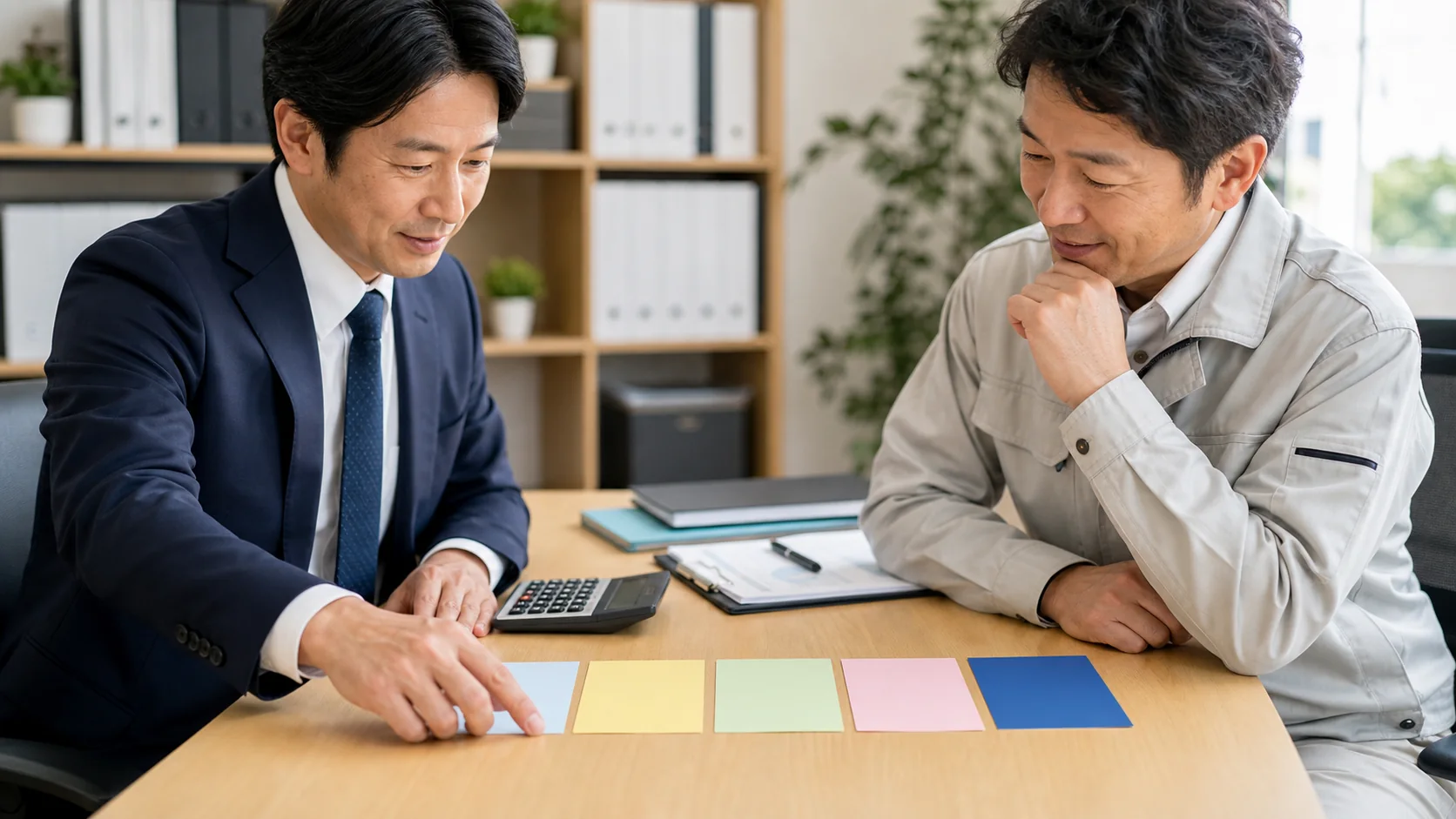 五つの数字をカードで整理し借り換え効果を比較する経営者と相談員