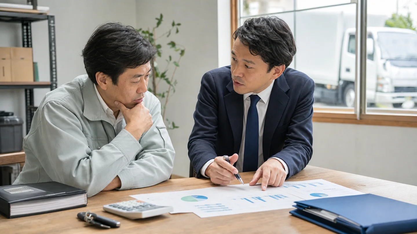 返済可能額から資金調達候補を絞る経営者と相談員