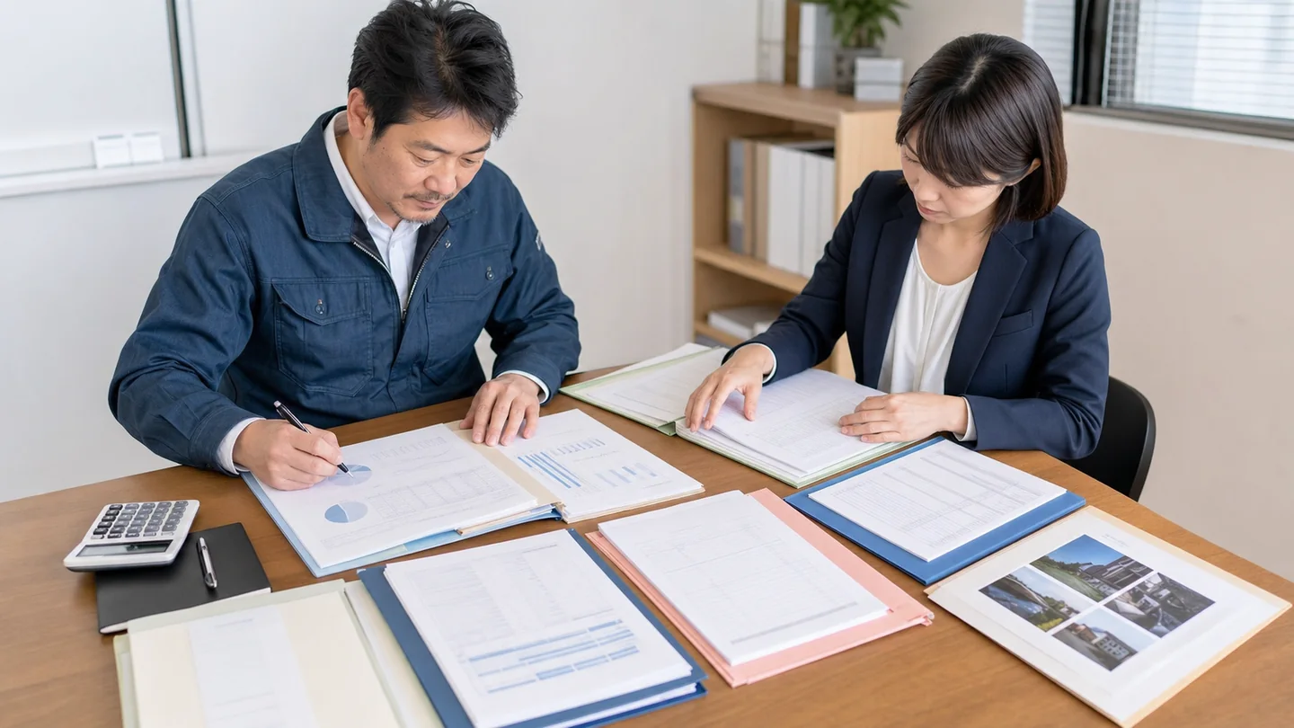 決算書や通帳など申込資料を順番に整理する経営者と相談員