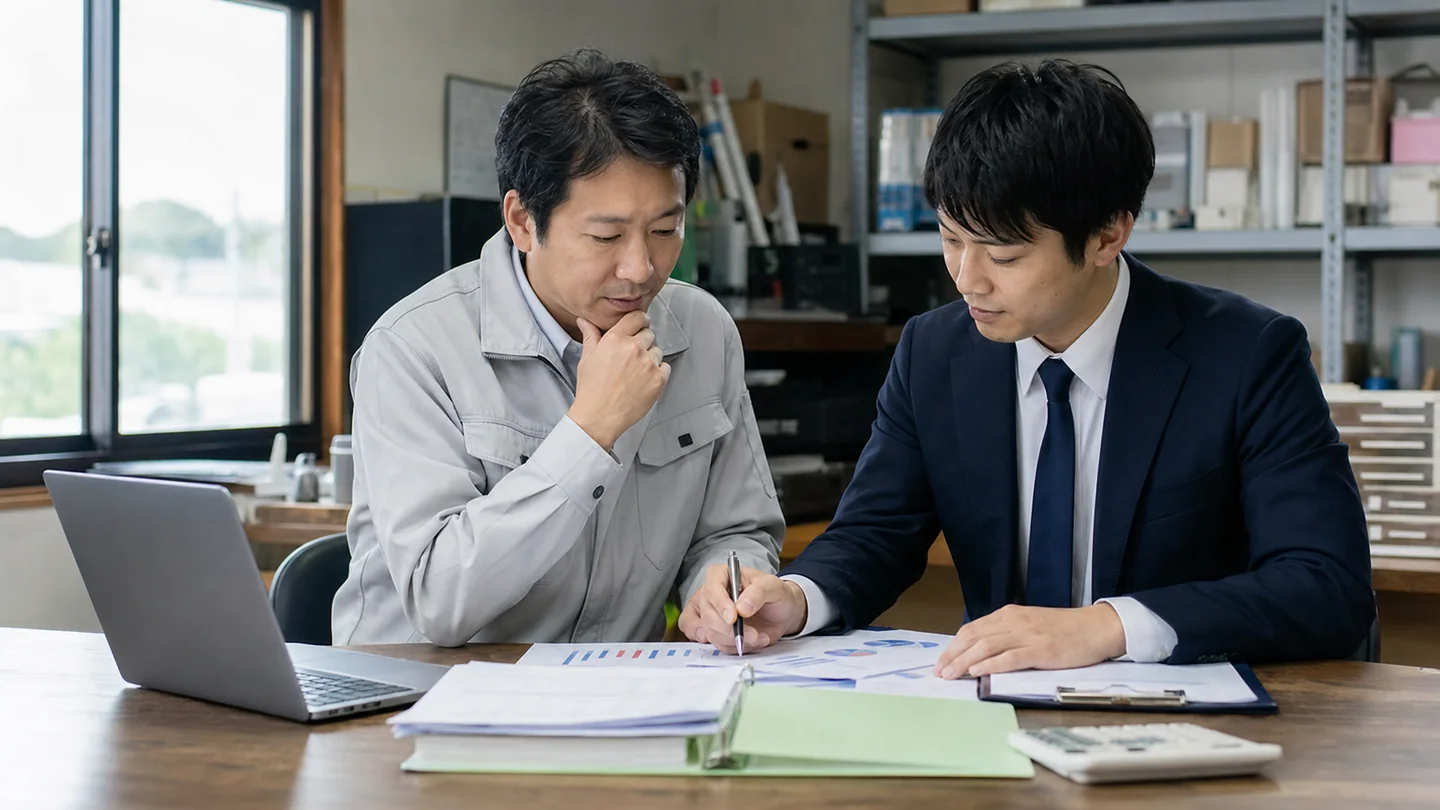 銀行融資用の財務資料と計画を整える中小企業経営者