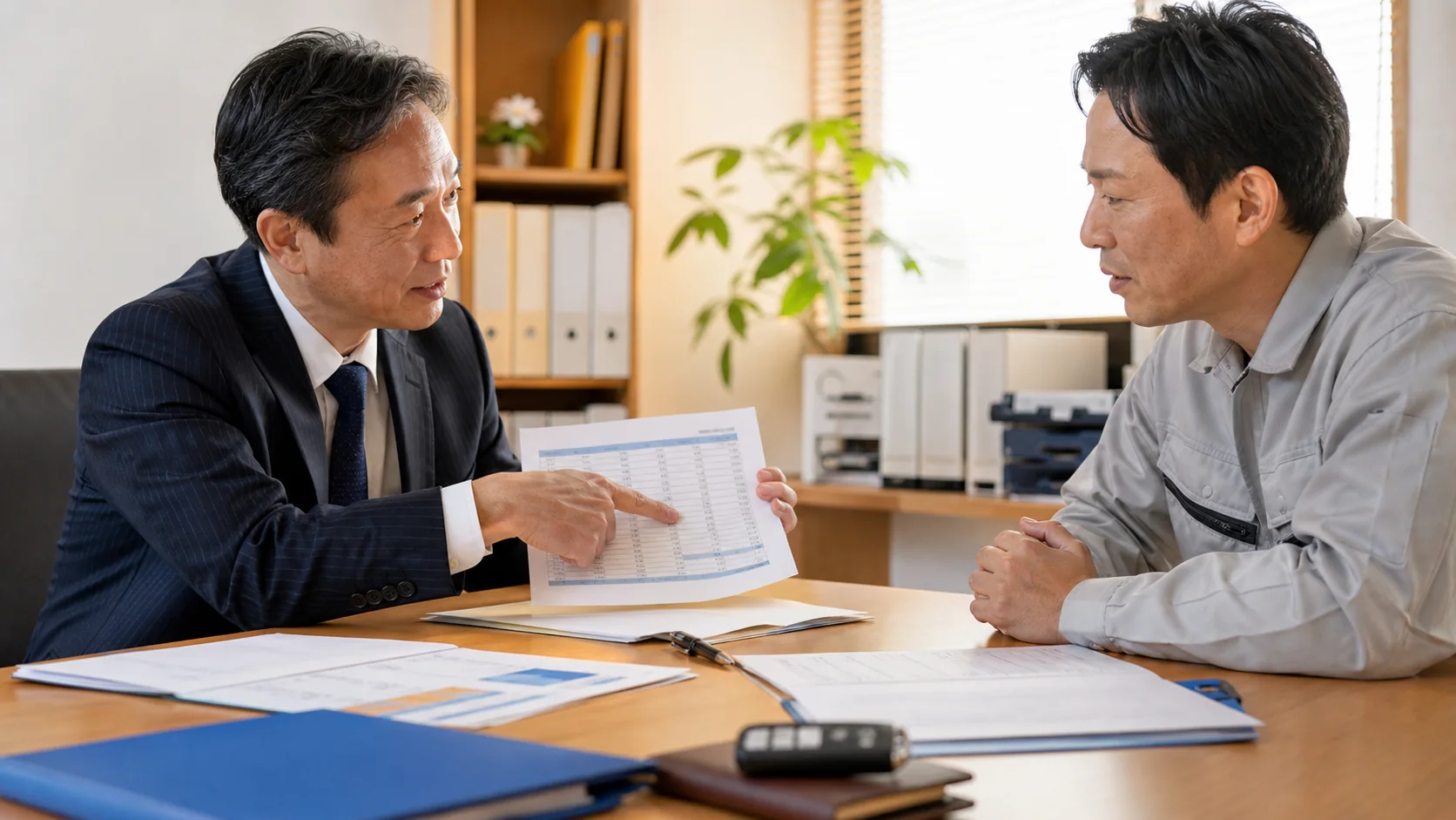 試算表と代替資料を基に資金調達方法を比較する経営者
