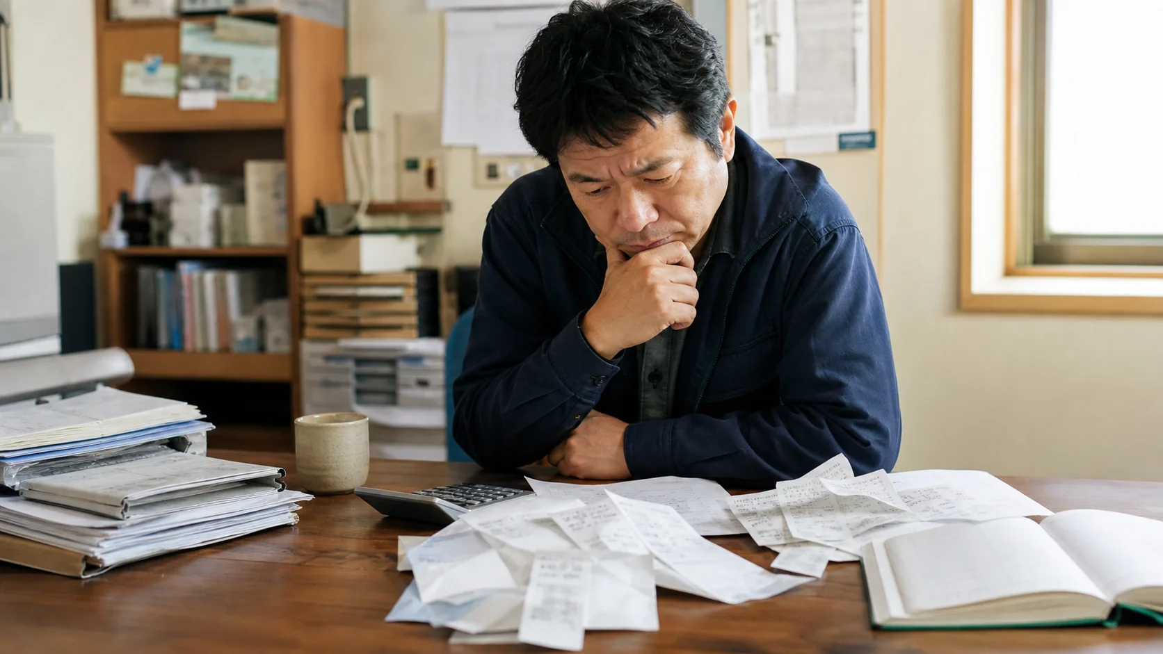 未完成の試算表と通帳を会計担当者に相談する経営者