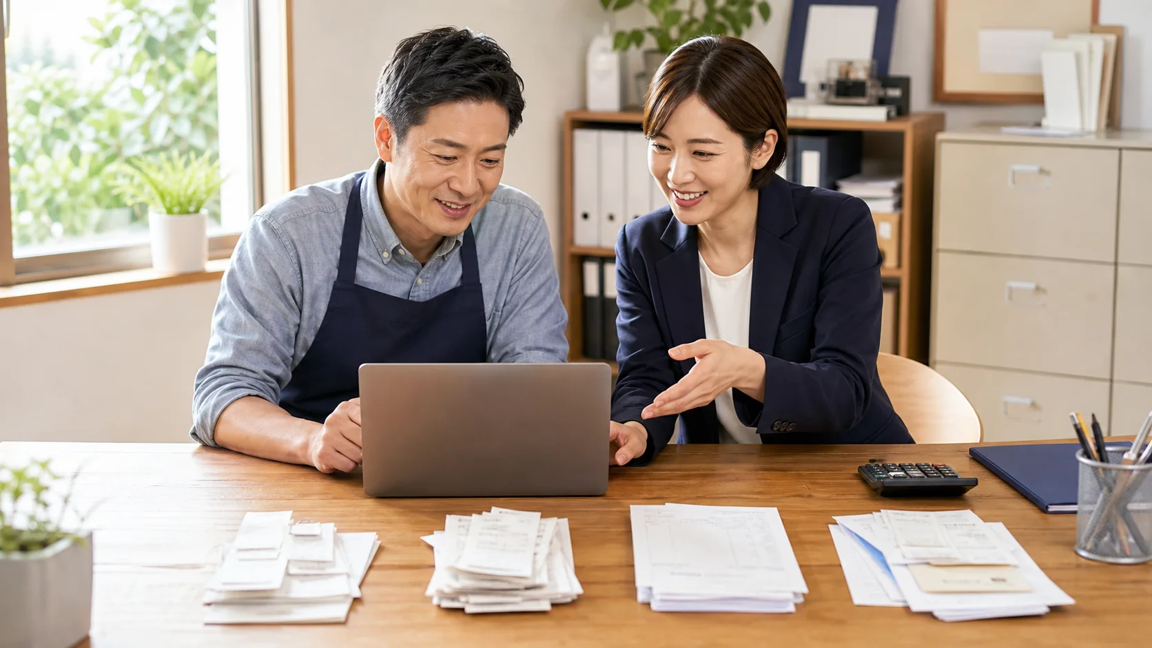 会計ソフトと証憑から試算表を作成する税理士と経営者