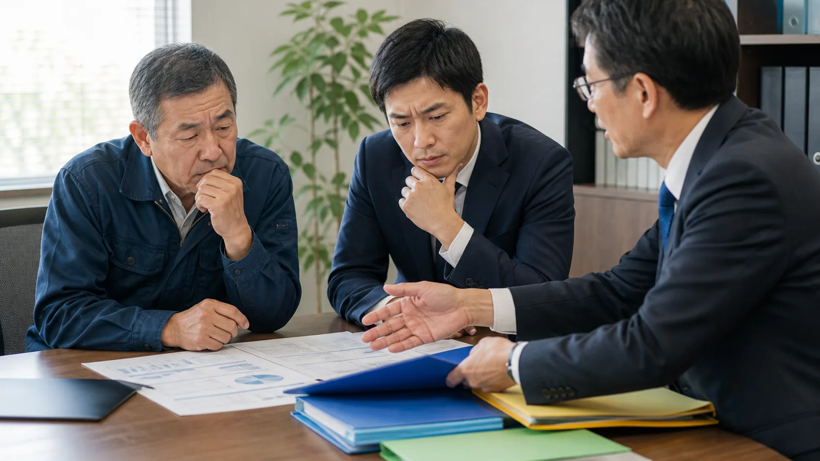 現経営者と後継者が承継対価・借入・運転資金を支援者と確認する場面