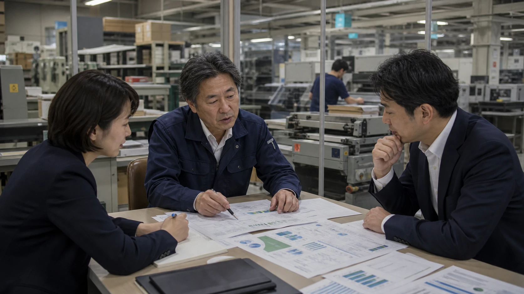 印刷会社の経営者が改善施策・金融支援・新規資金への配分と順序を比較する場面