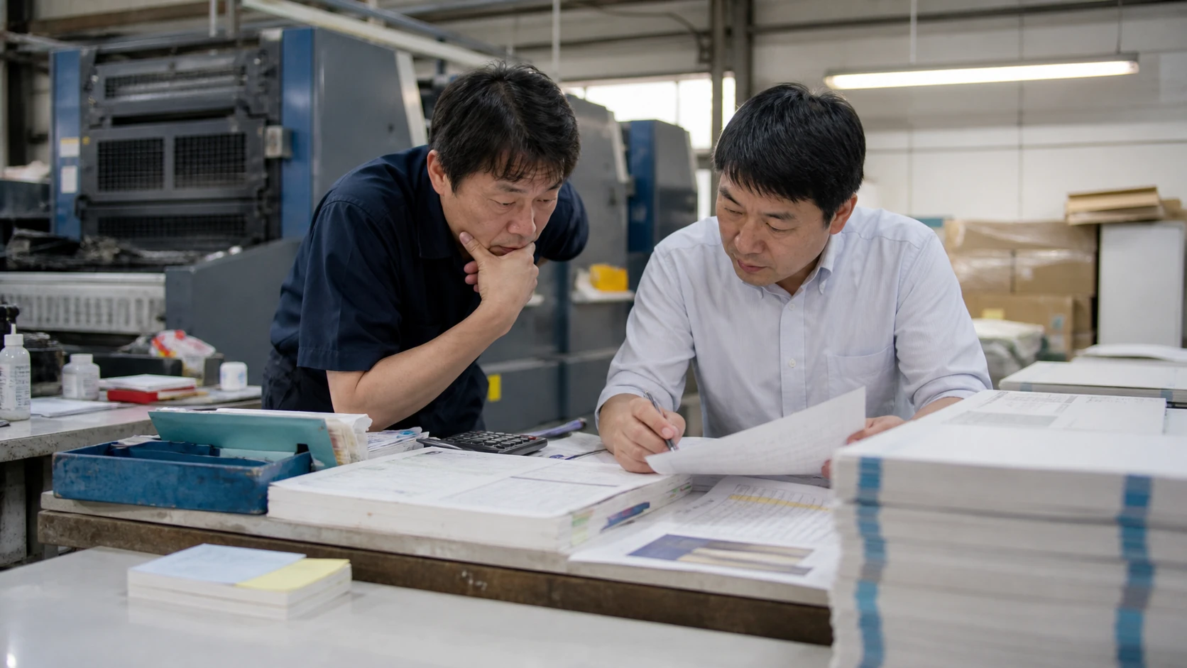印刷会社の経営者と工場責任者が不採算工程・設備・受注構成を確認する場面