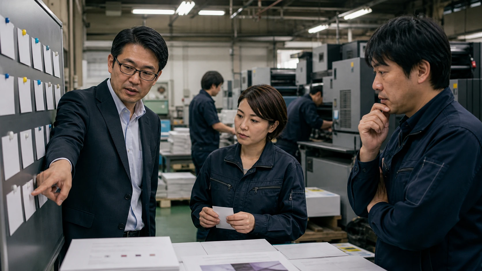 印刷会社で経営・現場・財務・再生支援者が改善計画と資金工程を統合する場面