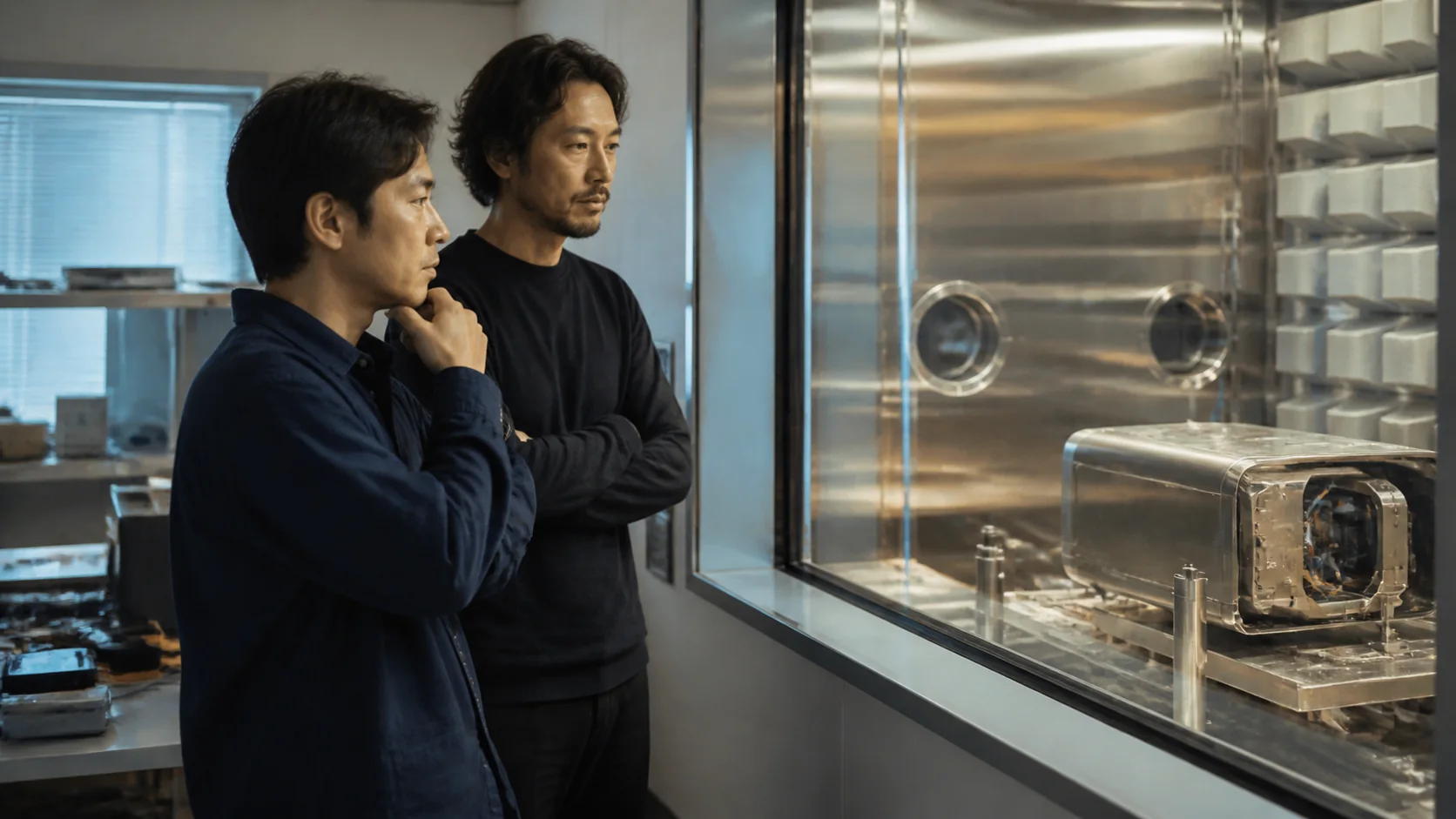 精密機器スタートアップの経営者と開発責任者が長期事業計画と資金を確認する場面