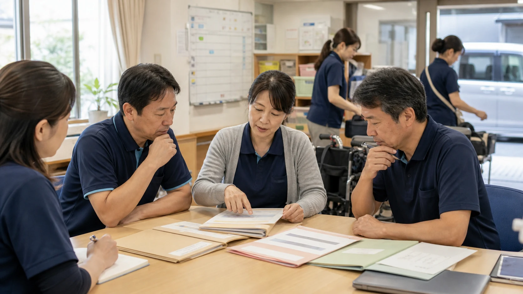 介護事業者の経営者が採用給与・車両・安全設備・最低現金への資金配分を比較する場面