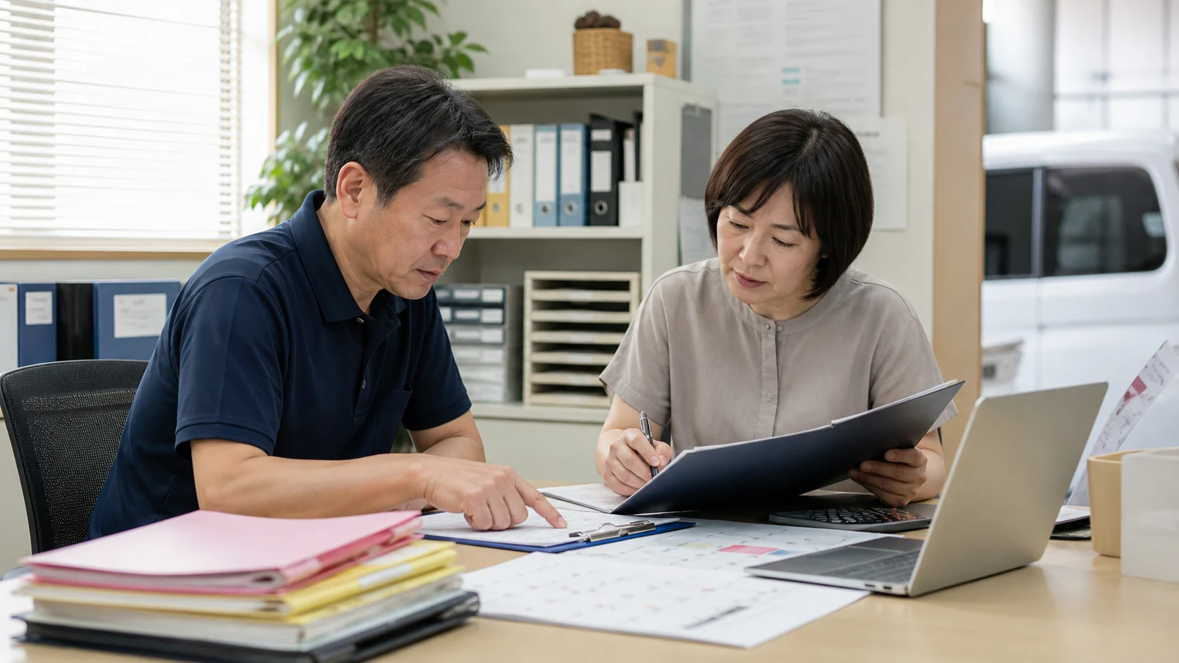 介護事業者の管理者と経理担当が給与・配置・車両修理・介護報酬入金を確認する場面