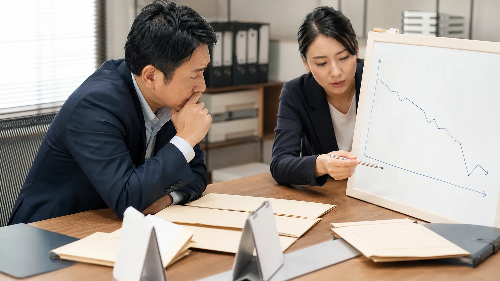 経営者と担当者が13週資金繰り表の不足週と改善策を確認する場面