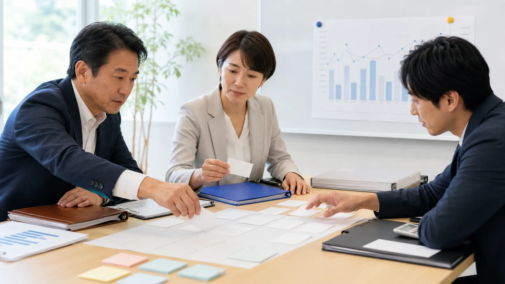 社内チームが資金繰りの差異と改善策の担当期限を更新する場面