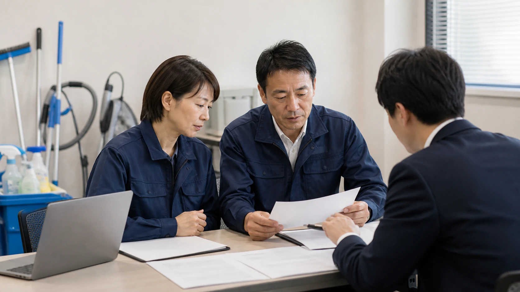 ビルメンテナンス会社経営者が金融機関へ物件採算・給与・資機材・回収を説明する場面