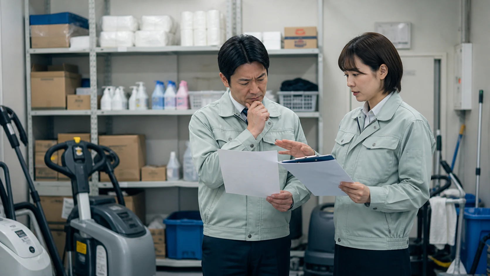 ビルメンテナンス会社の倉庫で経営者と現場責任者が資機材と作業予定を確認する場面