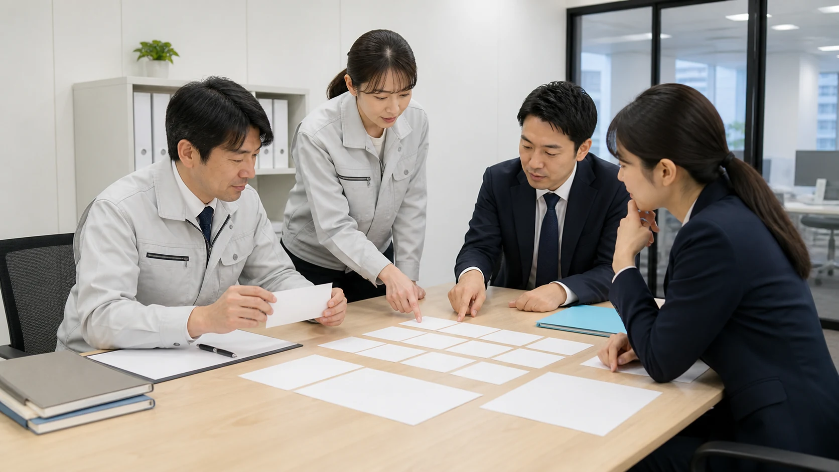 清掃会社の経営者・現場・人事・財務担当が物件別資金計画を統合する場面