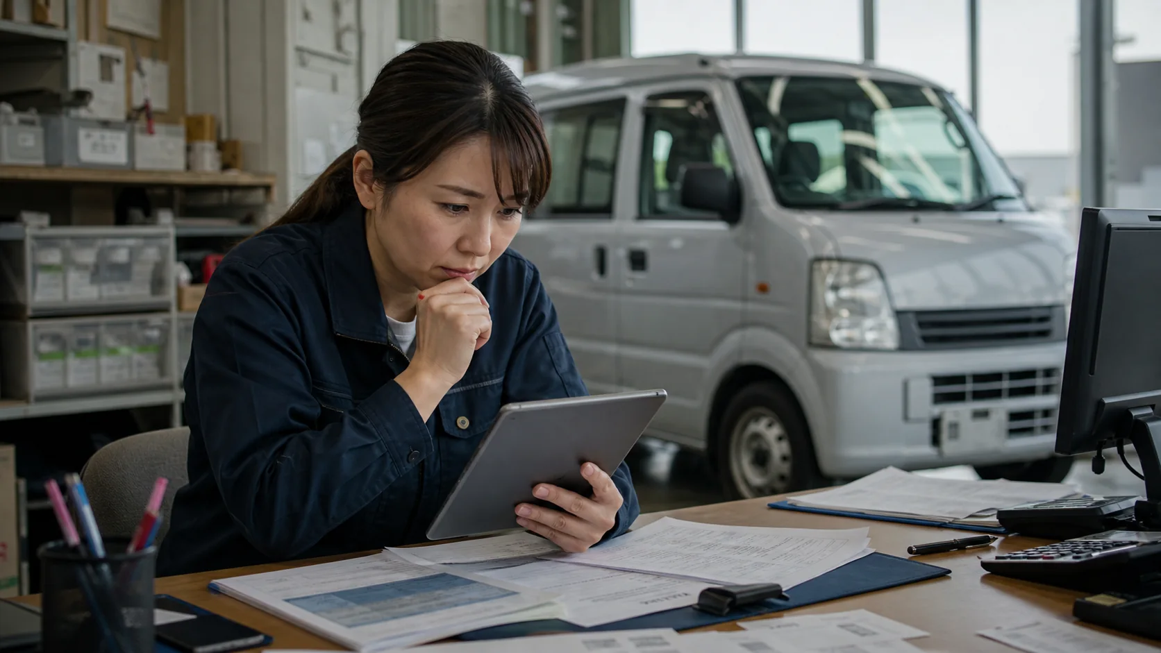 電子車検証とローン残高証明を確認する運送会社の経営者