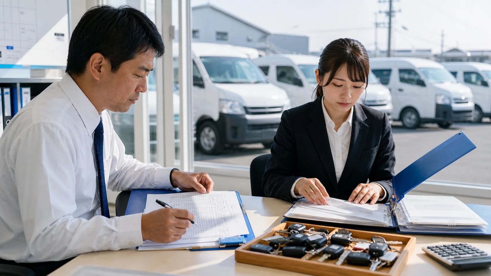 社用車一覧から所有者と残債を確認する会社経営者と相談員