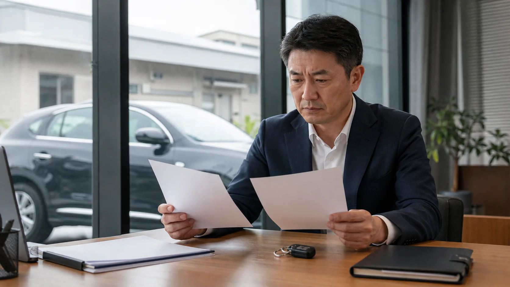 社用車リースバック契約書の中途解約条項を確認する経営者