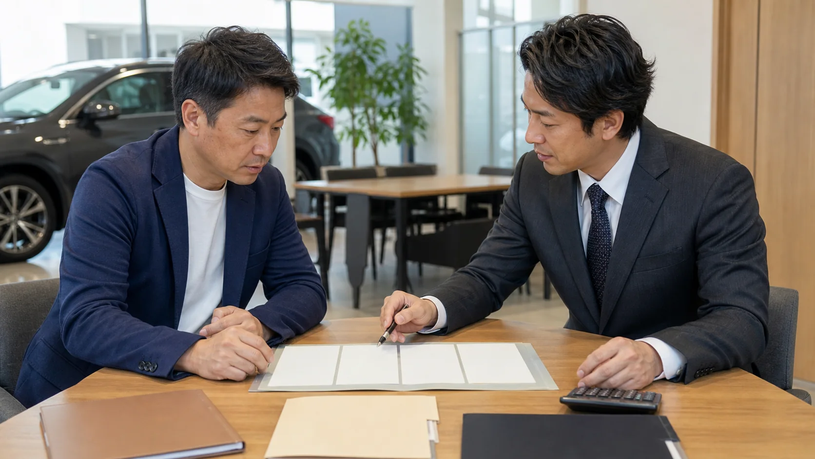 複数のリースバック見積を総支払額で比較する経営者と相談員