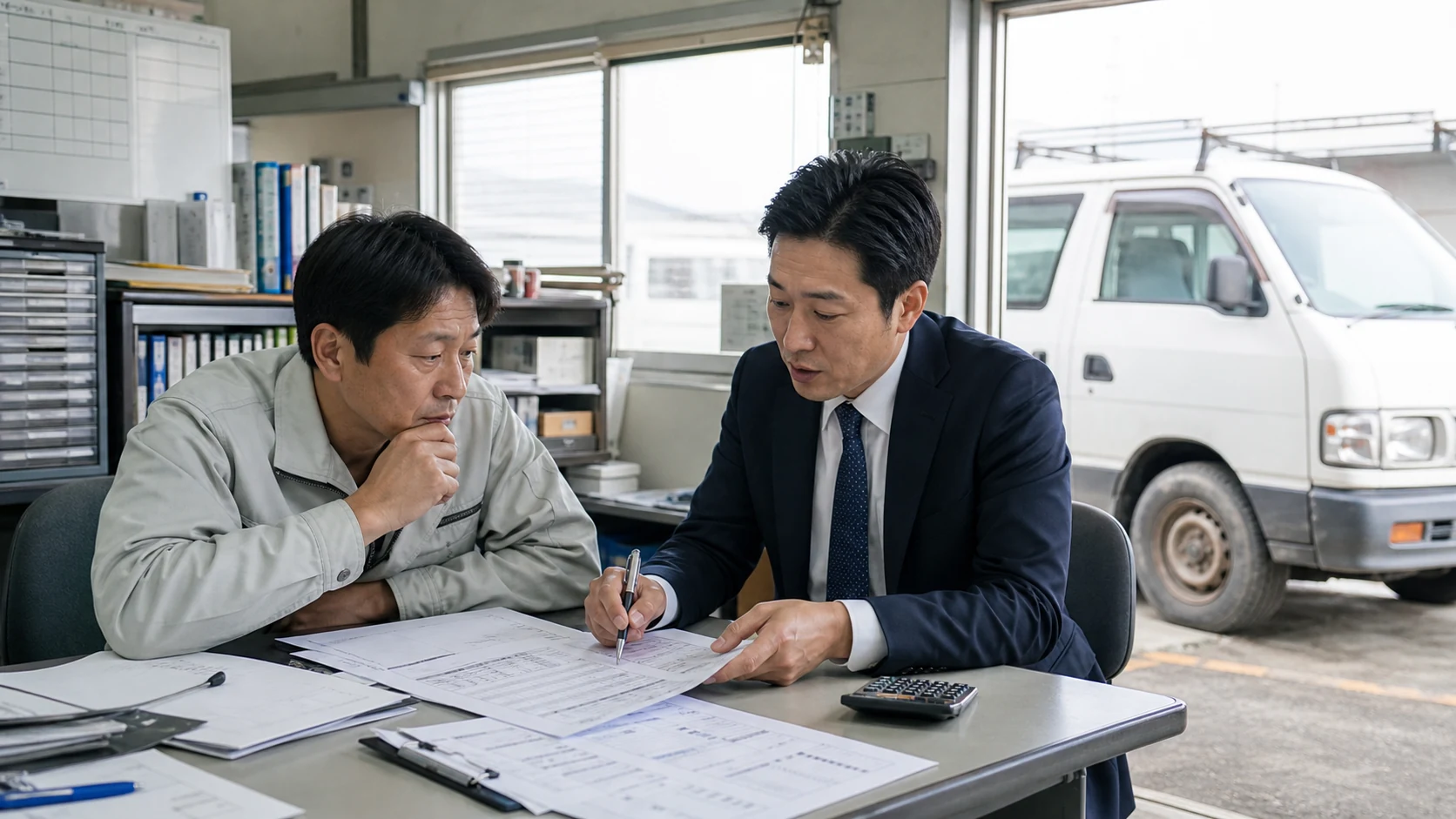 古い業務車両と修理費資料を前にリースバックを見送る条件を検討する経営者