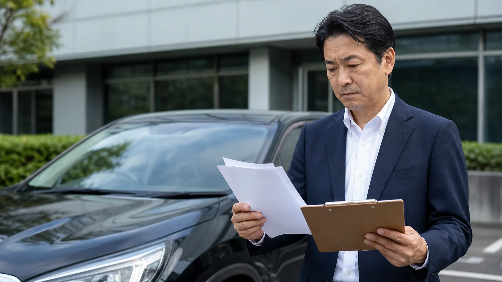 社用車ローンの一括精算額と査定見積を並べる経営者