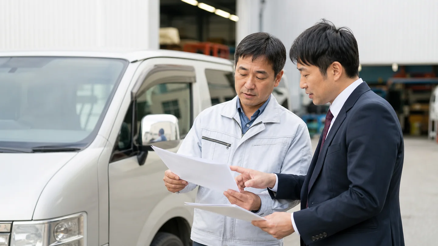 社用車の名義とローン残高を確認する中小企業経営者