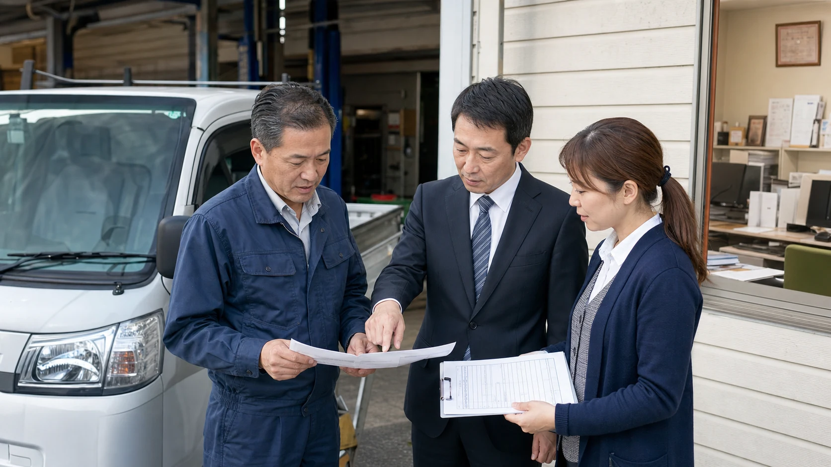 社用車の前で車検証と残債資料と契約工程を三者で確認する担当者