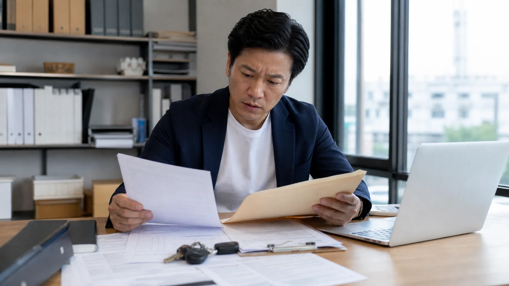 社用車リースバック申込で不足書類と所有者情報を確認する経営者