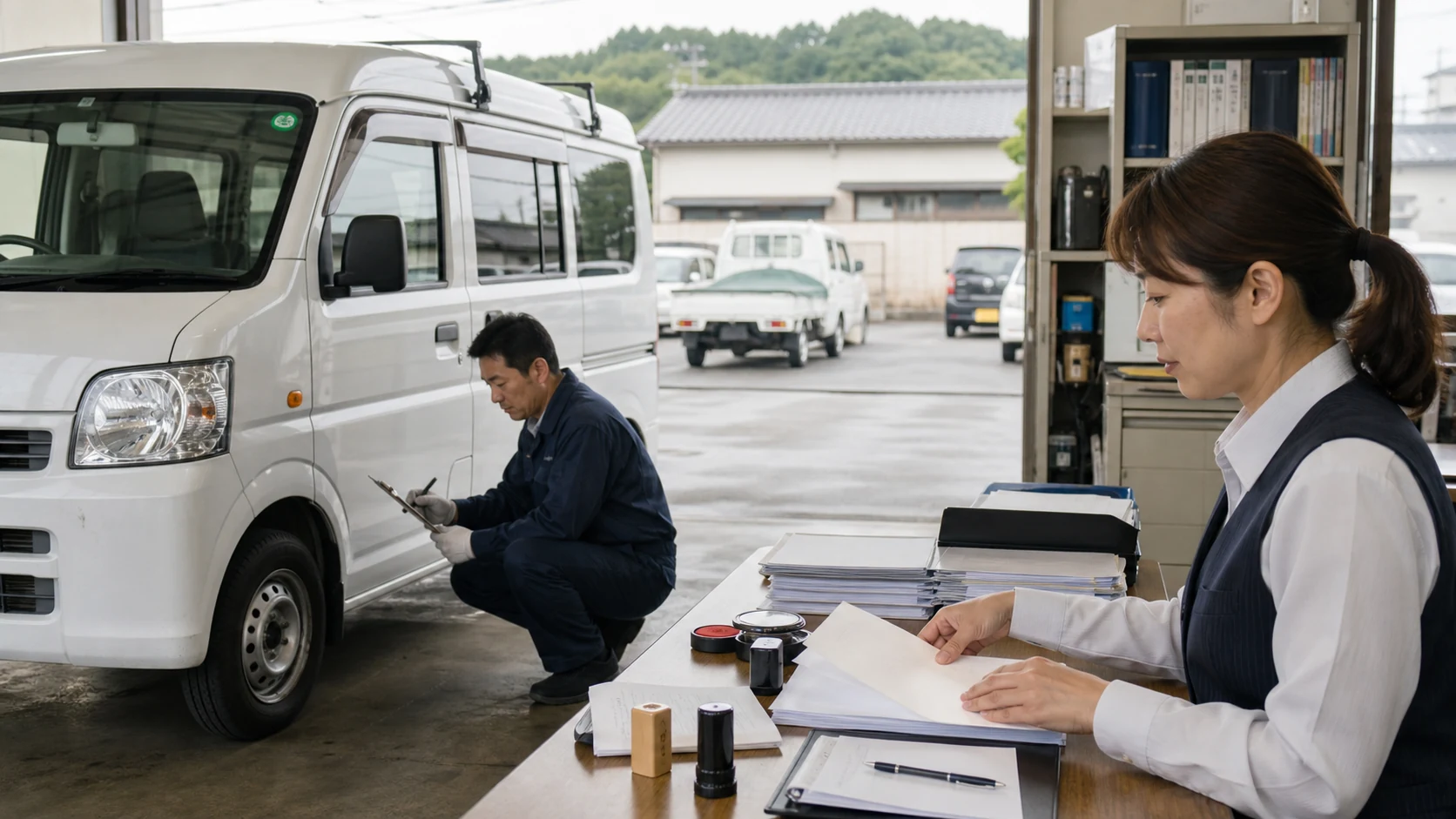 社用車の現車査定と名義変更書類を順番に確認する担当者