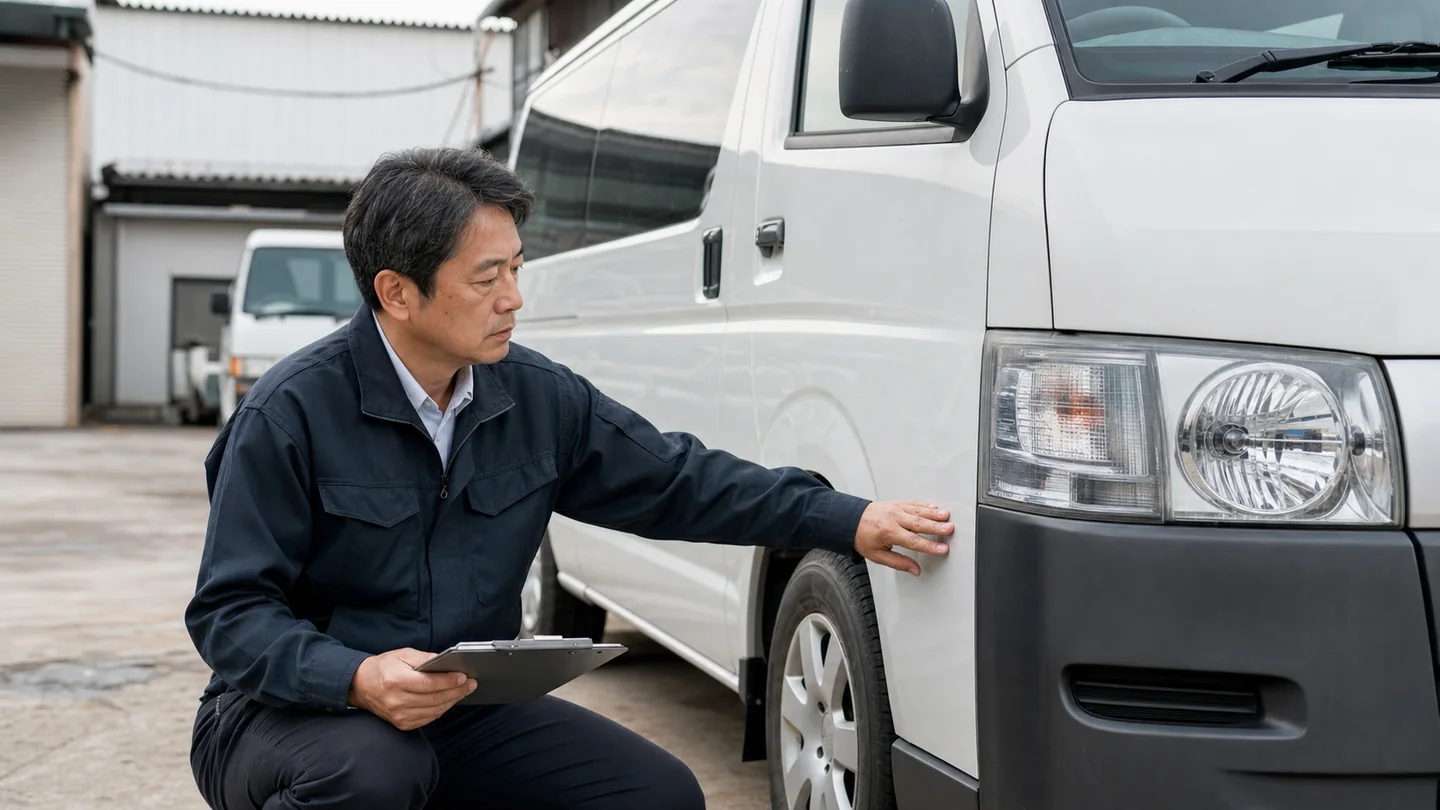 社用車の状態と査定項目を確認する担当者