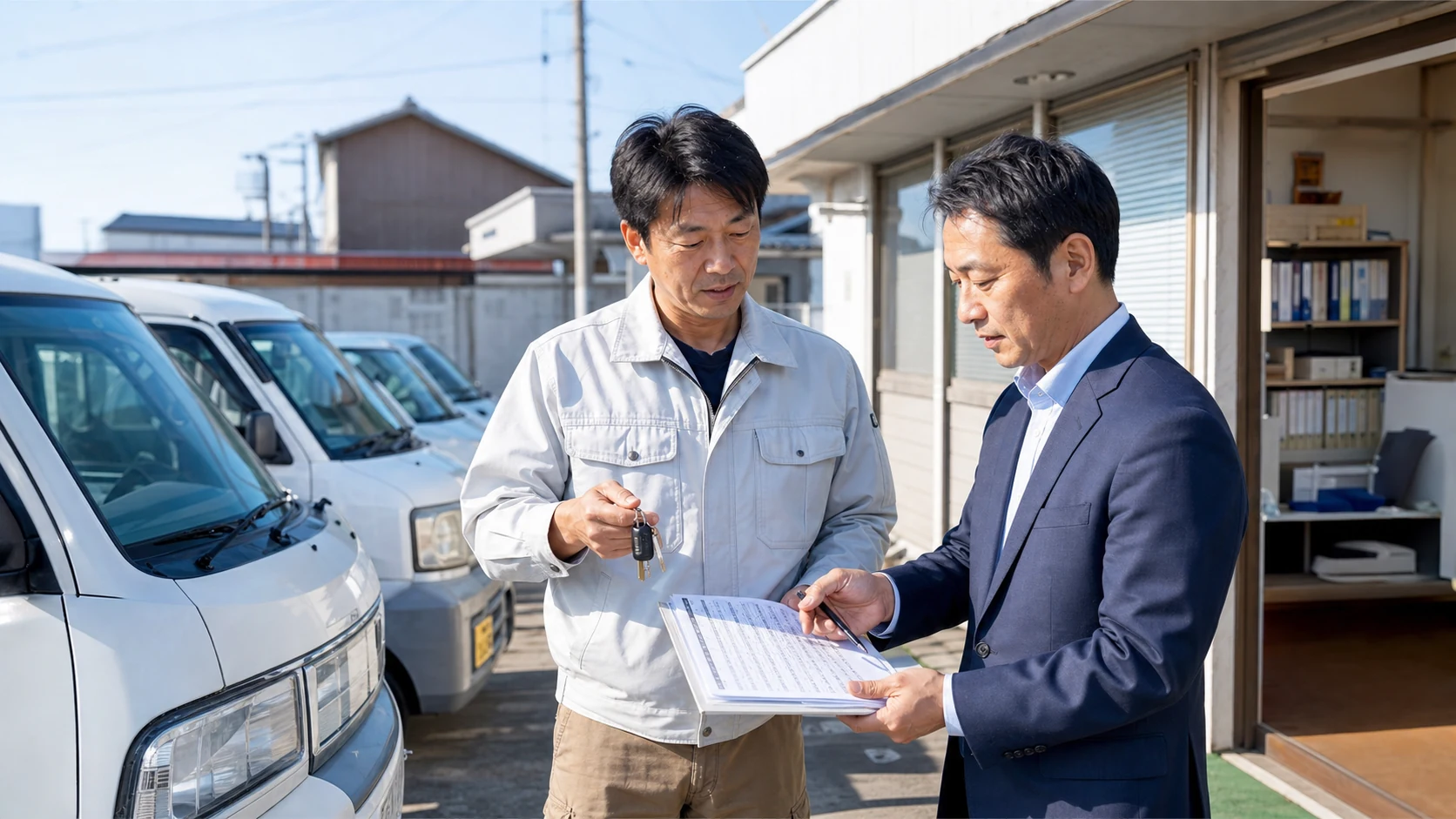 複数の社用車を前に売却とリースバックの条件を車両別に比較する経営者