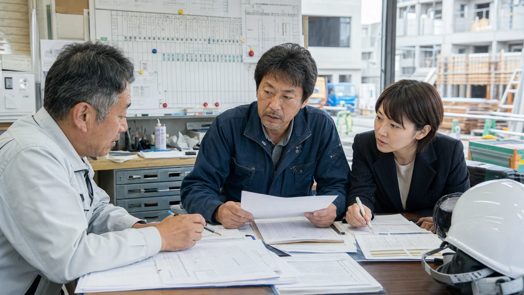 建設現場事務所で工事台帳と材料費と外注費を確認する建設会社の担当者