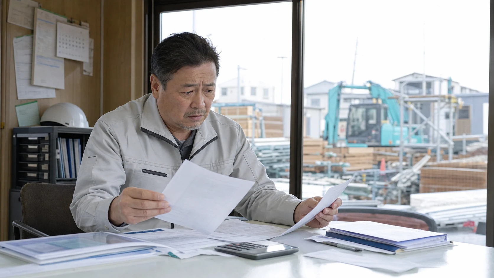 材料費と外注費の支払予定を確認する建設会社経営者