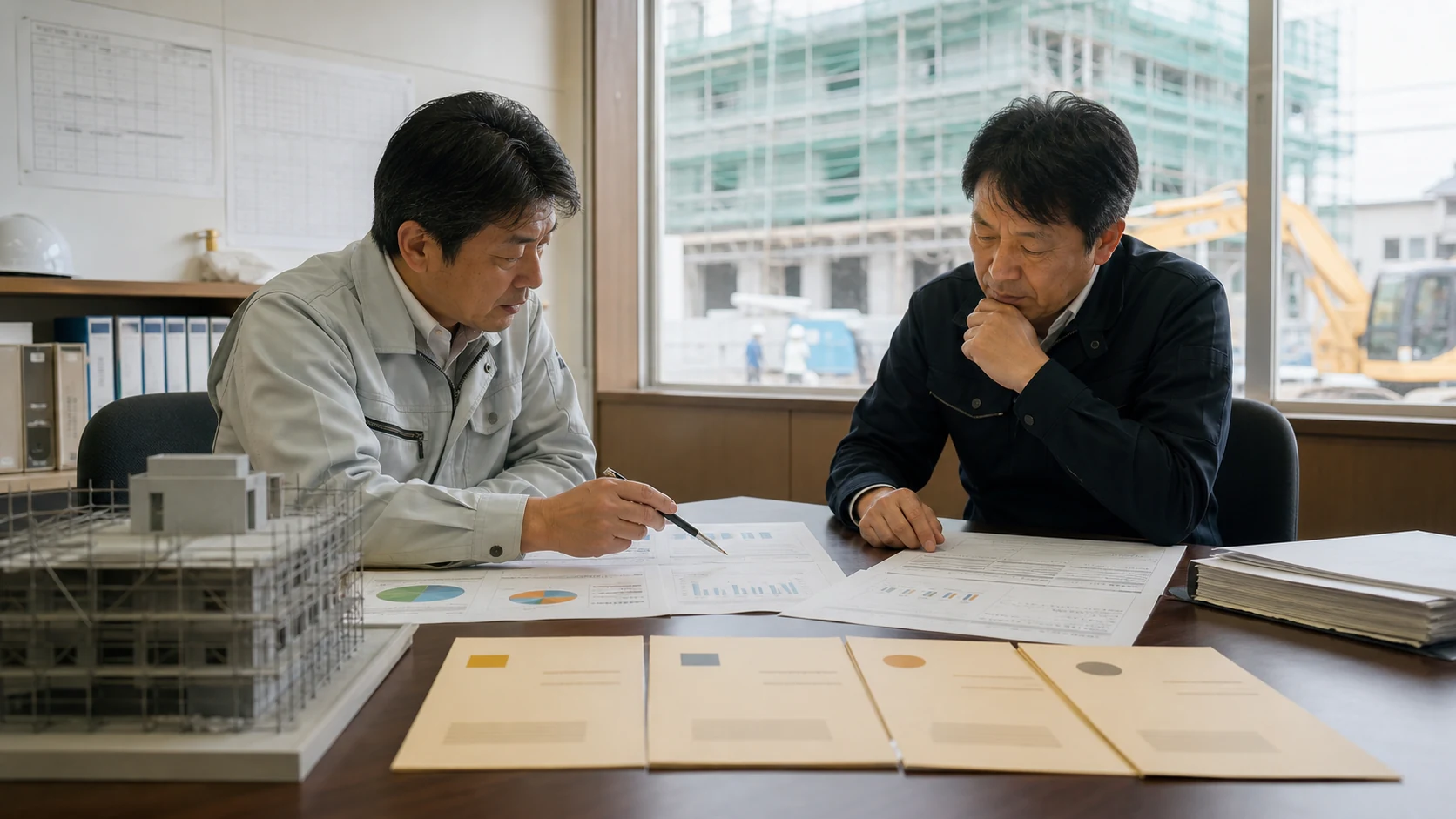 建設会社の経営者が材料・外注・給与・最低現金への資金配分を比較する場面