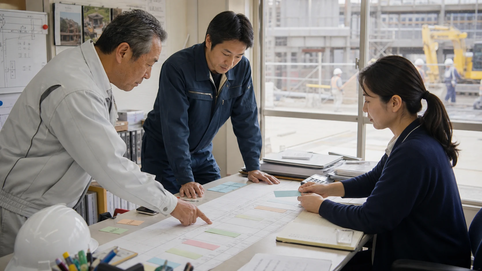 建設会社の経営者・現場・経理が工事進捗から請求回収までの資金日程を統合する場面