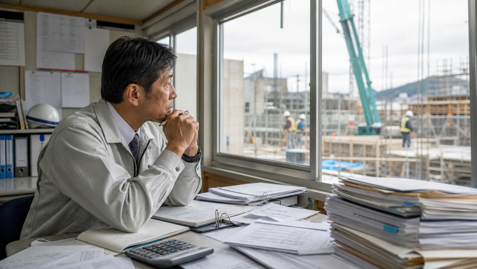 工事現場の進捗表と出来高請求書を照合する建設会社社長