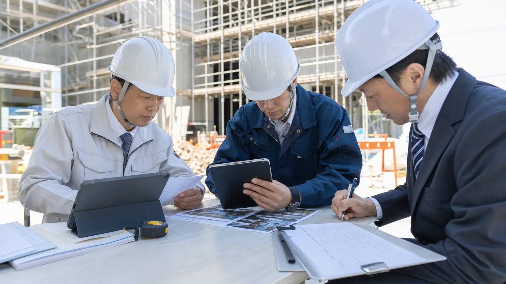 建設会社が工事別の出来高・控除・入金予定を工程表で整理する会議