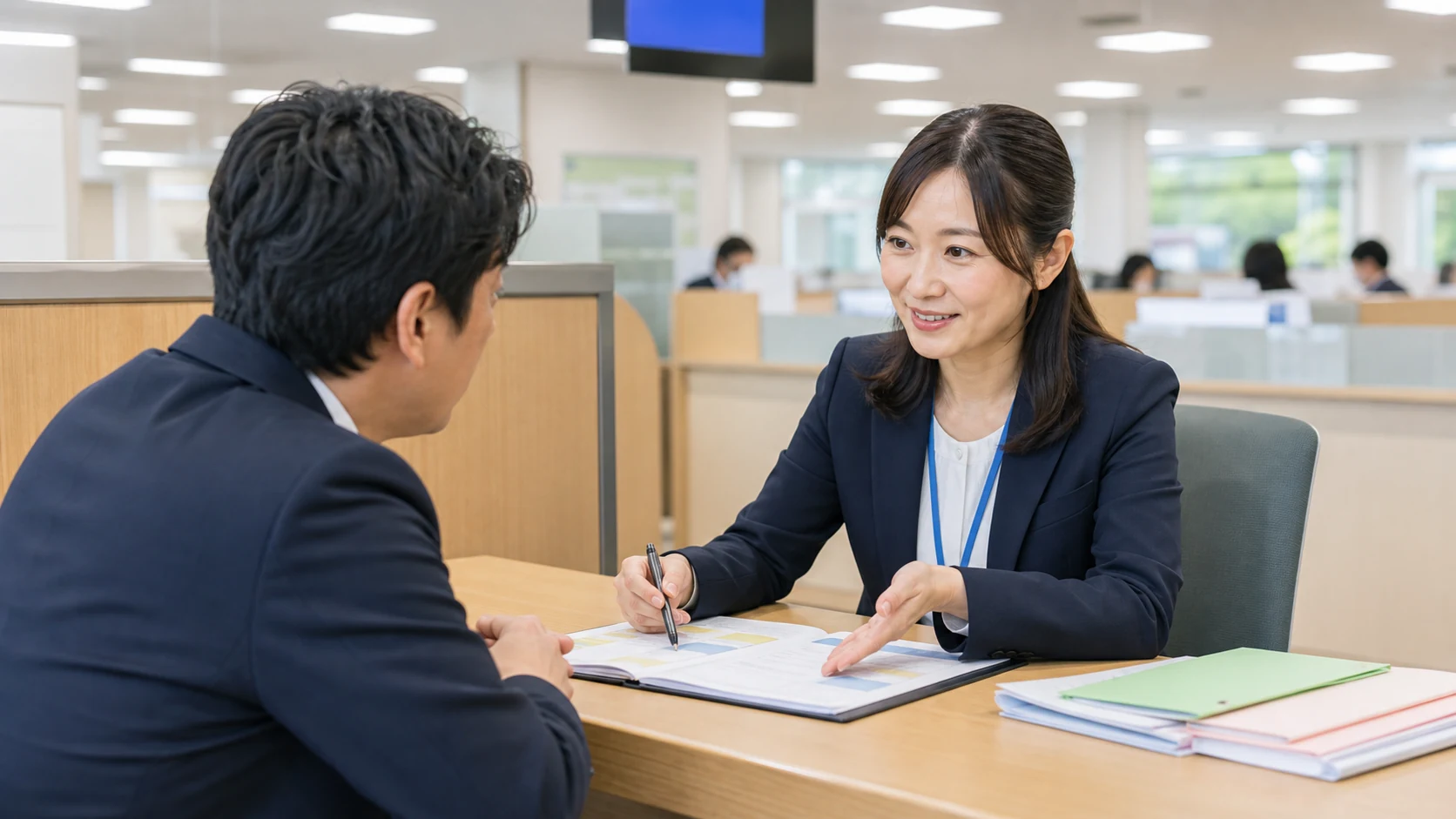 信用保証協会の相談窓口で資金使途を説明する会社経営者