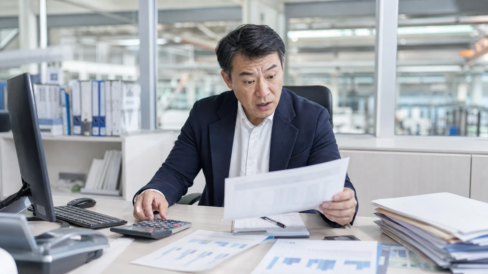 融資見積書の金利と保証料を電卓で比較する会社経営者