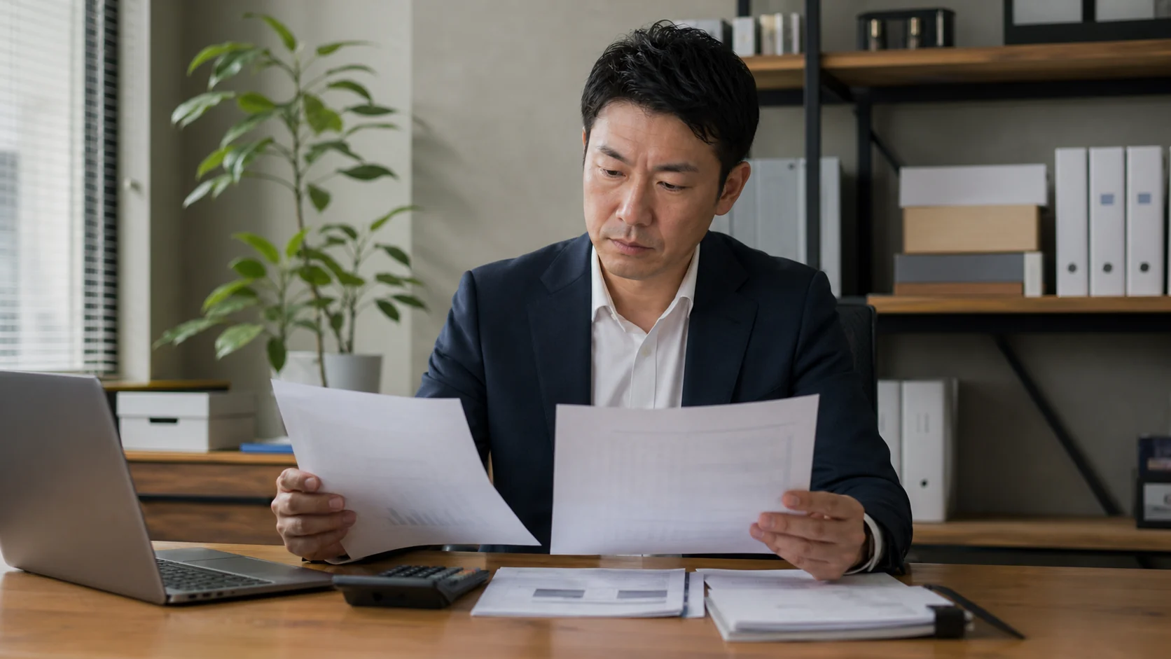 繰上完済額と返戻保証料の見込を電卓で比較する会社経営者